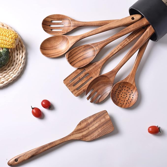 Gudamaye 13 inch Long Wooden Utensils for Cooking, Long Handle Wooden Spoons for Cooking, 7 PCES Crafting Wooden Spoon Set, Wooden Kitchen Utensil set, Natural Teak Wooden utensil Set-HomvellaHome