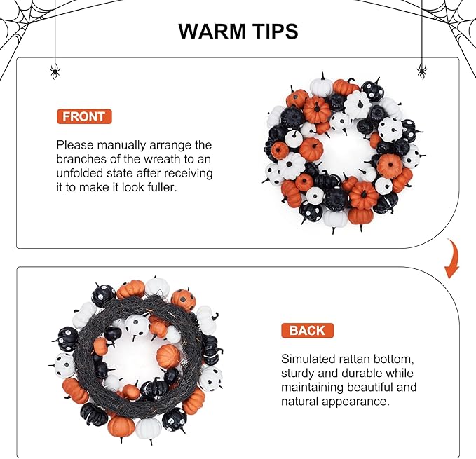 GarveeHome Halloween Pumpkin Wreath for Front Door, 18 Inch Fall Farmhouse Wreath with Orange, Black and White Pumpkins, Rattan Bottom Halloween Indoor Outdoor Home Party Decor-HomvellaHome