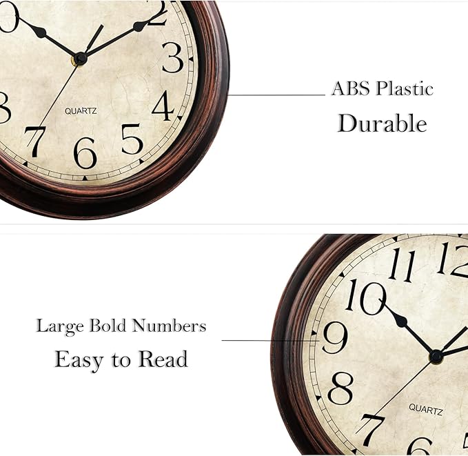 12 Inch Wall Clocks Battery Operated Silent Non-Ticking Analog Wall Clock Vintage Retro Rustic Style Decorative for Living Room Kitchen Home Office(Bronze)-HomvellaHome