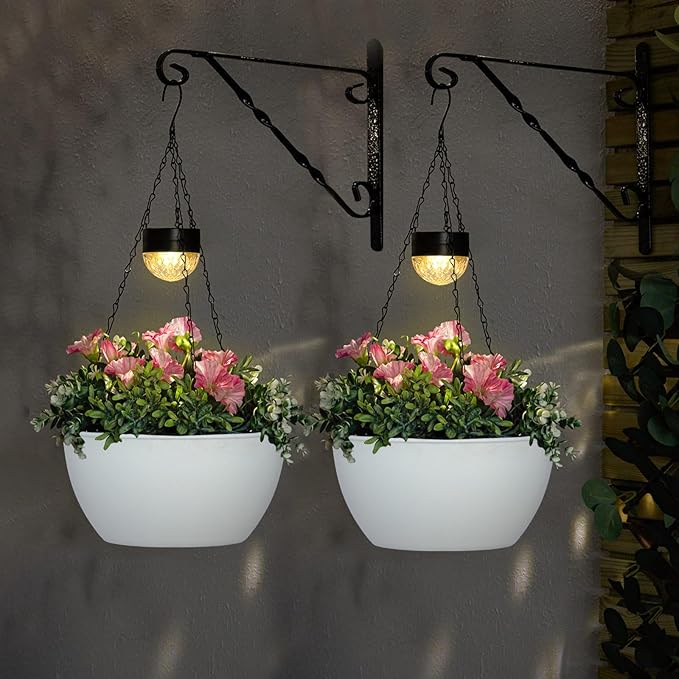 2 Packs Solar Hanging Basket Planters for Plants Outdoor, Self Watering White Flower Plants Pots with Solar Light Drainer for Balcony Patio Garden Outdoor Decoration-HomvellaHome