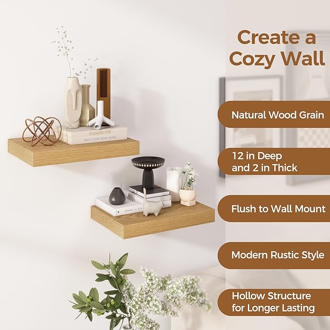 12 Inch Deep Floating Shelves, 16 x 12 Floating Shelf for Books, Rustic Wood Deep Wall Shelves for Home Storage & Display, 2" Thicked Shelves for Kitchen, Living Room, Bedroom, Oak Color, 2 Pack-HomvellaHome