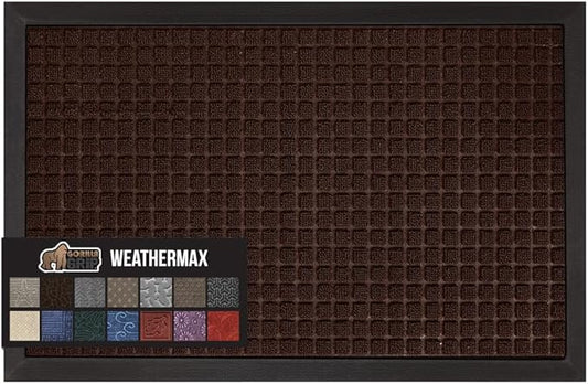 GORILLA GRIP 100% Waterproof All-Season WeatherMax Doormat, 60x24, US Designed Natural Rubber, Stain and Fade Resistant, Low Profile Indoor Outdoor Door Mats, Easy Clean Patio Mat, Coffee Squares-HomvellaHome