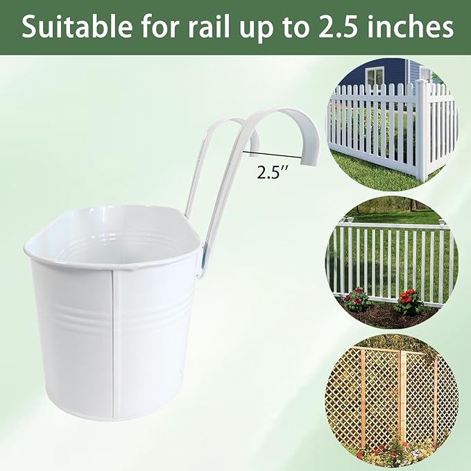 10" Hanging Flower Pots, Pack of 2 White Metal Outdoor Patio Balcony Planter, Railing Planters Fence Pot with Detachable Hook & Drainage Hole for Small Plants (White, 2Pcs)-HomvellaHome