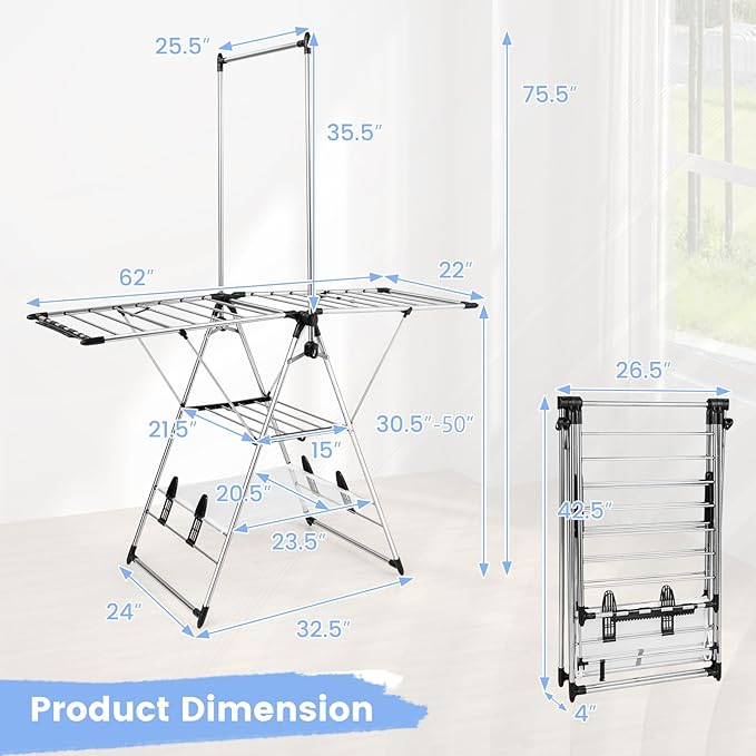 Giantex Clothes Drying Rack, Foldable Laundry Drying Rack with with 6-Level Adjustable Height, High Hanger Design, Side Clips, Space Saving Collapsible Laundry Drying Rack-HomvellaHome
