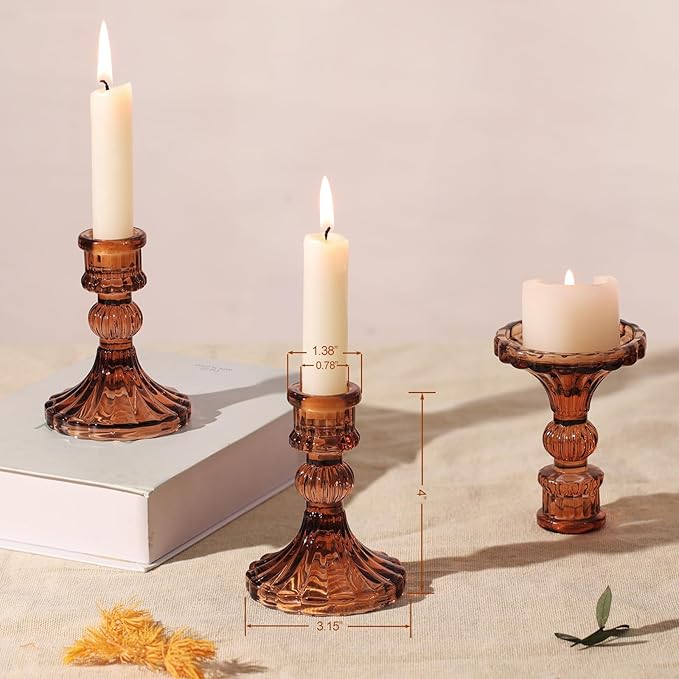 12PCS Amber Candlestick Holders Set- 4" H Taper Candle Holders, Glass Candle Holders Bulk for Wedding, Party, Fall Home Table Centerpieces, Festival Gifts & Windowsill Decor-HomvellaHome