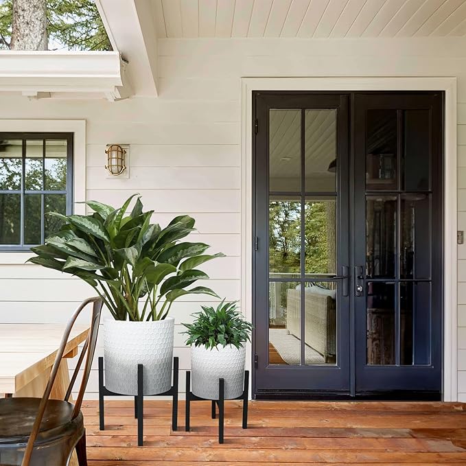 10 & 12 Inches Planters with Metal Sand for Indoor Plants Set of 2,Decorative Plant Pots with Holder, Outdoor Flower Pots with Legs, Modern Garden Pot with Drainage Holes for Snake Plant, House plants-HomvellaHome