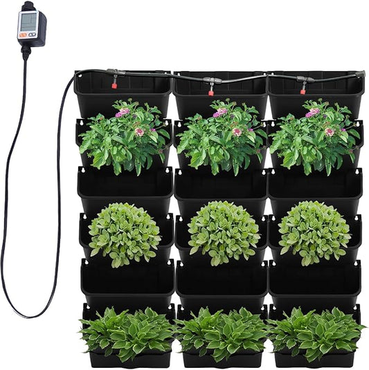 18 Pots Self-Watering Vertical Wall Planter, 39.4”L x 39.4”H Stackable Plastic Wall-Mounted Plant Grow Pots, Wall Hang Garden Planter Outdoor Indoor for Herbs Flowers Strawberries (Black)-HomvellaHome
