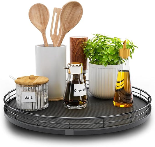 13" Lazy Susan Turntable Organizer for Table Top, Round Wooden Lazy Susan for Cabinet Kitchen Decor Centerpieces Coffee Table, Storage Condiments Spices, Bathroom Vanity Tray for Soap, Black-HomvellaHome