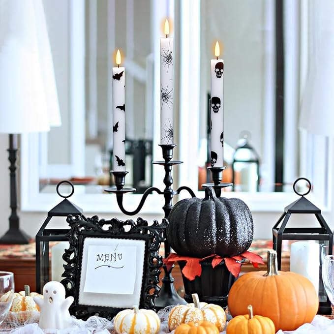 GenSwin Flameless Taper Candles with Remote Timer, 6Pcs LED Flickering Taper Candles Battery Operated Real Wax with Spider Webs/Skull/Bats Decals for Halloween Spooky Decoration (White, 0.78”x9.65”)-HomvellaHome