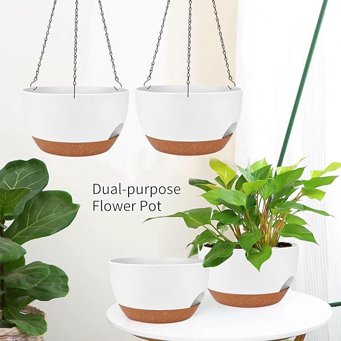 2 Pack Hanging Planters for Indoor Outdoor Plants, 12 Inch Self Watering Hanging Pot with Drainage Holes and Saucer, Plastic Plant Pots, White Brown Flower Pots for Kitchen, Balcony, Garden-HomvellaHome