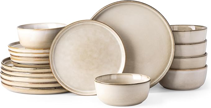 GBHOME Ceramic Dinnerware Sets for 6, 18 Pieces Stoneware Plates and Bowls Sets, Scratch Resistant Dishes, Dishwasher & Microwave Safe, Reactive Glaze-Cappuccino-HomvellaHome