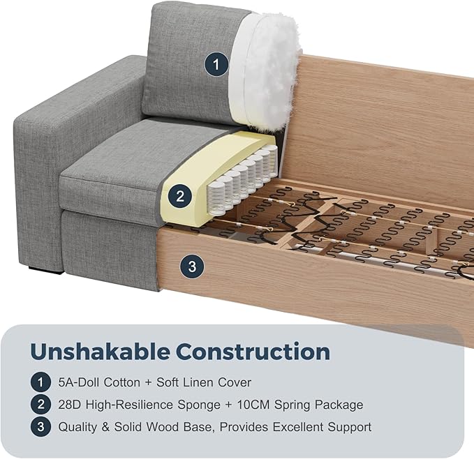 112" Convertible Sectional Sofa, Large L Shaped Couch with Detachable Sofa Cover, Modular Couch for Living Room, Breathable Linen Fabric Corner Sofa for Apartment, Grey-HomvellaHome