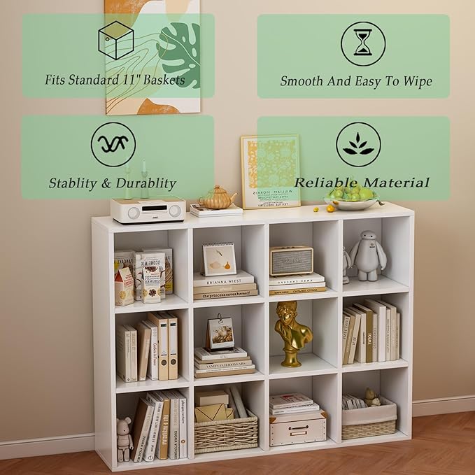 12-Cube Storage Shelf Bookcase - Wooden 3-Tier Floor Standing Open Bookshelf for Home and Office, Display Cabinet, Warm White-HomvellaHome