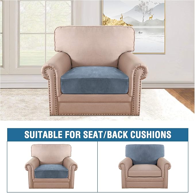 H.VERSAILTEX Velvet Stretch Couch Cushion Cover Plush Cushion Slipcover for Chair Cushion Furniture Protector Seat Cushion Sofa Cover (1 Piece Armchair Cushion Covers, Stone Blue)-HomvellaHome