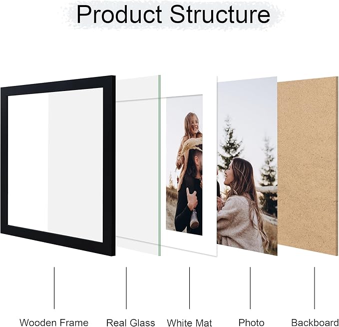 12x12 Picture Frame Set of 4, 12 x 12 Wood Photo Frames with Mat for 10x10 or 30x30cm Diamond Painting Art, Wooden Frame with Real Glass Cover for Wall and Tabletop Display,Black-HomvellaHome