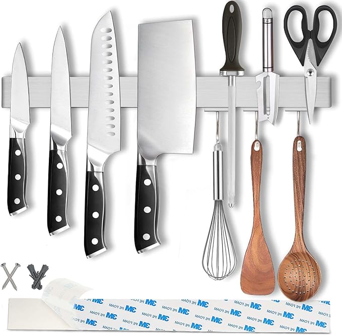 17.5" Magnetic Knife Holder for Wall with Hooks - No Drill Adhesive Mount - 304 Stainless Steel Knife Magnetic Strip-HomvellaHome