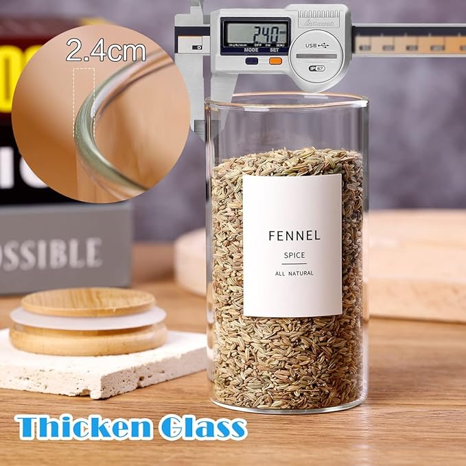 12 Pcs Glass Spice Jars With Bamboo Airtight Lids, 10oz Thicken(2.4mm) Spice Containers With 148 Minimalist Preprinted Waterproof Spice Labels, Kitchen Empty Small Storage Jars For Seasoning, Herb-HomvellaHome