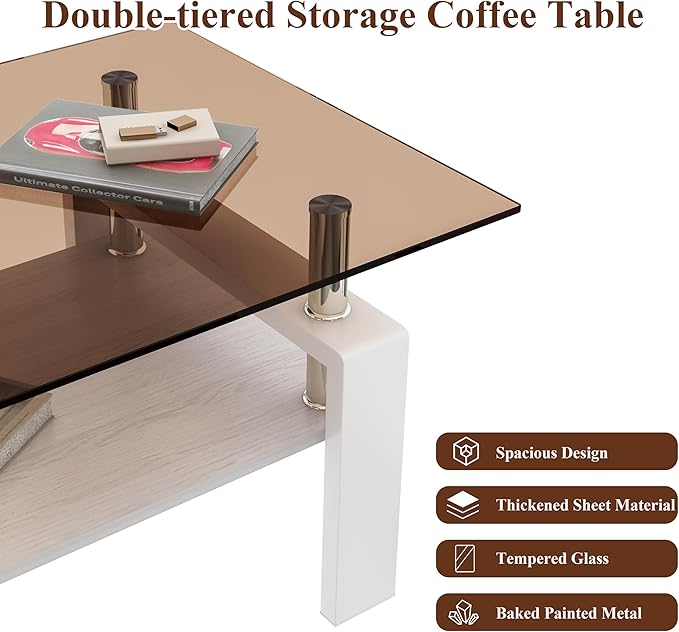 Glass Coffee Table Rectangle Living Room Center Table, with Brown Tempered Glass Tabletop and White MDF Layer,for Living Room and Office, Brown+White-HomvellaHome