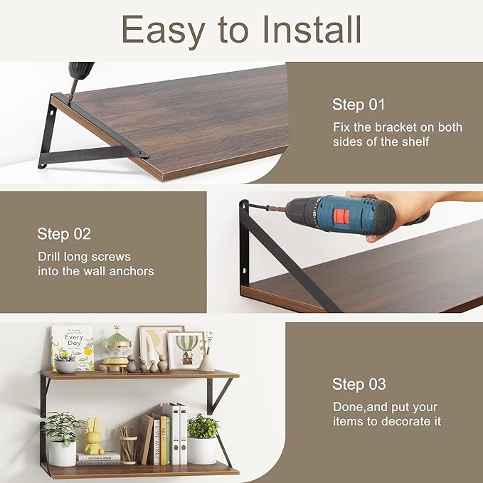 12 Inch Deep Floating Shelves,48W x 12D Floating Shelves, Deep Wall Shelves Bracket Set of 2, Large Display Floating Shelf for Bathroom, Living Room, Wide Storage Wooden Wall Shelf, Walnut-HomvellaHome