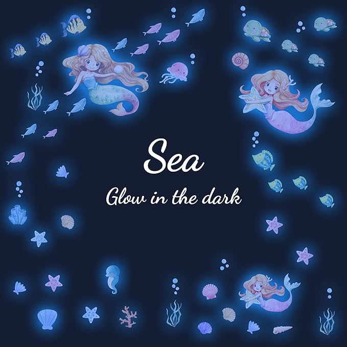Glow in The Dark Stars Mermaid Wall Decals, Turtle Ocean Fish Stickers for Ceiling, DIY Wall Decor for Nursery Playroom Living Room, Birthday Christmas Gift-HomvellaHome
