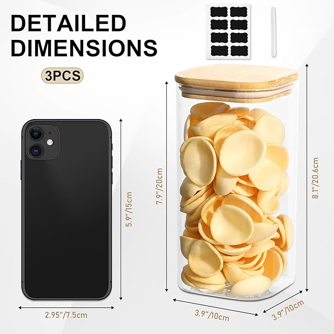 Glass Food Storage Jars with Lids(50oz)Square Set of 3 ,Glass Storage Containers Clear Glass Food Canister with Bamboo Lid Airtight For Serving Tea, Coffee Beans, Flour,Cookie, Cereal,Spice and More-HomvellaHome