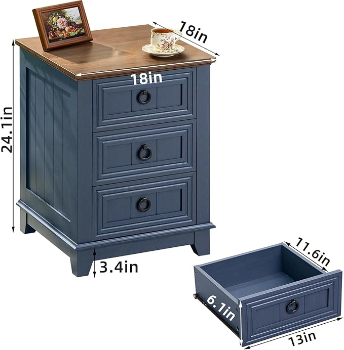 18" Farmhouse Night Stands Set of 2 with Charging Station, 2 & 3 Drawers End Table Dresser for Bedroom, Blue Wooden Nightstand, Bed Side Table with Open Shelf, Bedside Cabinet for Living Room-HomvellaHome