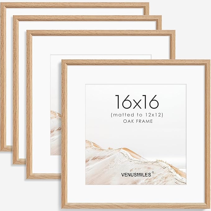 16x16 Picture Frame Set of 4 Natural Solid Oak Photo Frames with 12x12 Removable Mat Wall Hanging Large Handcrafted Frame with HD Plexiglass Wall and Tabletop Display Large Poster Frame-HomvellaHome