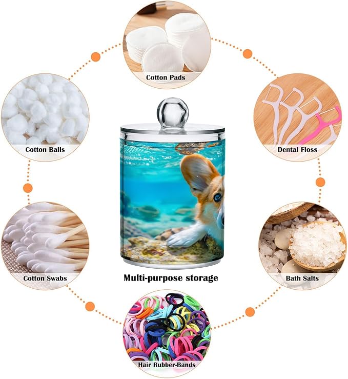 2 Pack Qtip Holder Organizer Dispenser Corgi Dog Underwater Bathroom Storage Canister Cotton Ball Holder Container for Cotton Pads/Swabs/Floss-HomvellaHome