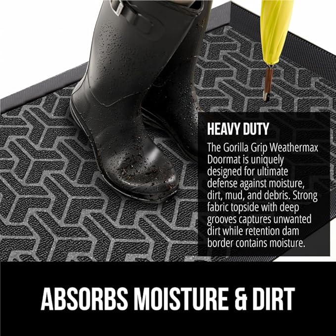 GORILLA GRIP 100% Waterproof All-Season WeatherMax Doormat, 47x35, US Designed Natural Rubber, Stain and Fade Resistant, Low Profile Indoor Outdoor Door Mats, Easy Clean Patio Mat, Slate Geometric-HomvellaHome