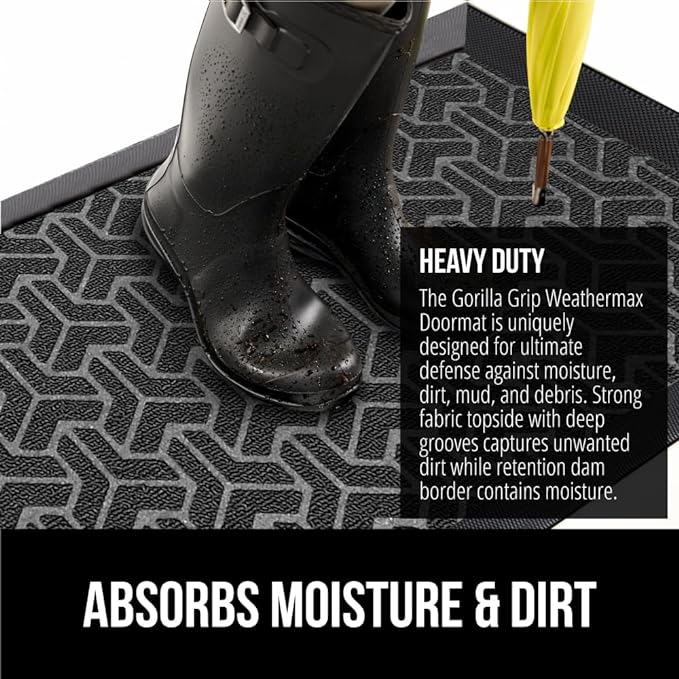 GORILLA GRIP 100% Waterproof All-Season WeatherMax Doormat, US Designed Natural Rubber, Stain and Fade Resistant, Low Profile Indoor Outdoor Door Mats, Easy Clean Patio Mat, 17x29, Slate Geometric-HomvellaHome