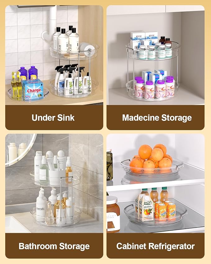 2 Pack Lazy Susan Organizer 9.25''and 11.81'' Two-Tier Lazy Susan Turntable for Cabinet, Spice Rack, and Pantry Storage - Spinning Makeup Organizer for Bathroom, Clear-HomvellaHome