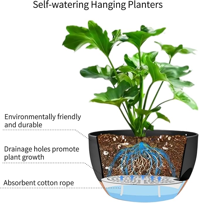 2 Pack Hanging Planters for Indoor Outdoor Plants, 12 Inch Self Watering Hanging Pot with Drainage Holes and Saucer, Plastic Plant Pots, Black Brown Flower Pots for Kitchen, Balcony, Garden-HomvellaHome