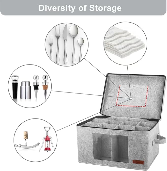2 Pack Wine Glass Storage Box with Dividers, Stemware Storage Containers for Packing and Moving, China Storage Containers Box for 12 Crystal Glassware, Wine Glasses, Drinkware,Light Gray-HomvellaHome