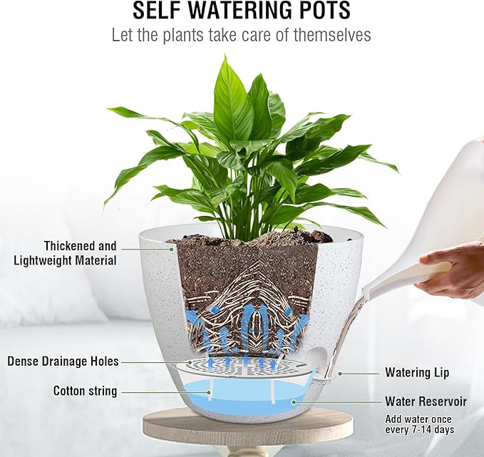 10 inch Self Watering Hanging Planters, 2 Pack Hanging Baskets for Indoor Outdoor Plants, Hanging Flower Pots with Drainage Holes and 2 Kinds of Plant Hangers for Garden Decor, Speckled White-HomvellaHome