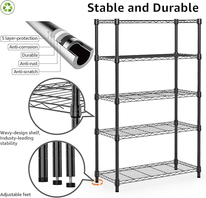 1250 lbs Storage Shelving Utility Shelving Unit 5-Tier Utility Shelving Unit Steel Organizer Wire Rack for Home,Kitchen,Office (13.7" D x 23.6" W x 62.4" H)-HomvellaHome