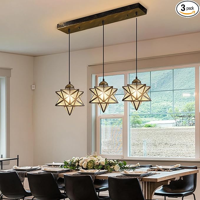 Glass Glam Chandelier 3 Lights Star Pendants Light Fixture for Dining Table Kitchen Island Modern Ceiling Hanging Lights Included LED Warm Light Bulbs Oiled Bronze-HomvellaHome