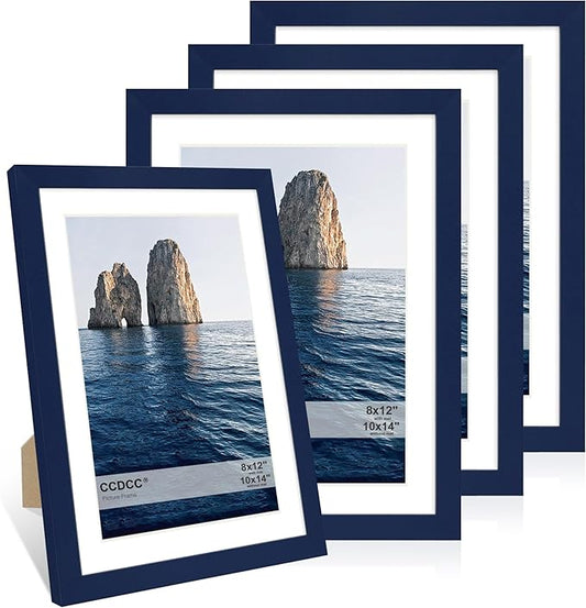 10x14 Picture Frame Set of 4, 10 x 14 Wood Photo Frames with Mat for 8x12 or 30x40cm Diamond Painting Art, Wooden Frame with Real Glass Cover for Wall and Tabletop Display,Blue-HomvellaHome