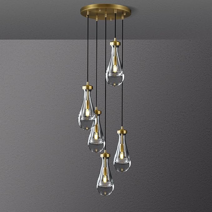 Gold 5 Light Cluster Pendant Lighting, Raindrop Chandeliers Brass Dining Room Lights Fixture, Teardrop Pendant Lights Kitchen Island, Hanging Lamp Ceiling for Entryway Foyer Staircase-HomvellaHome