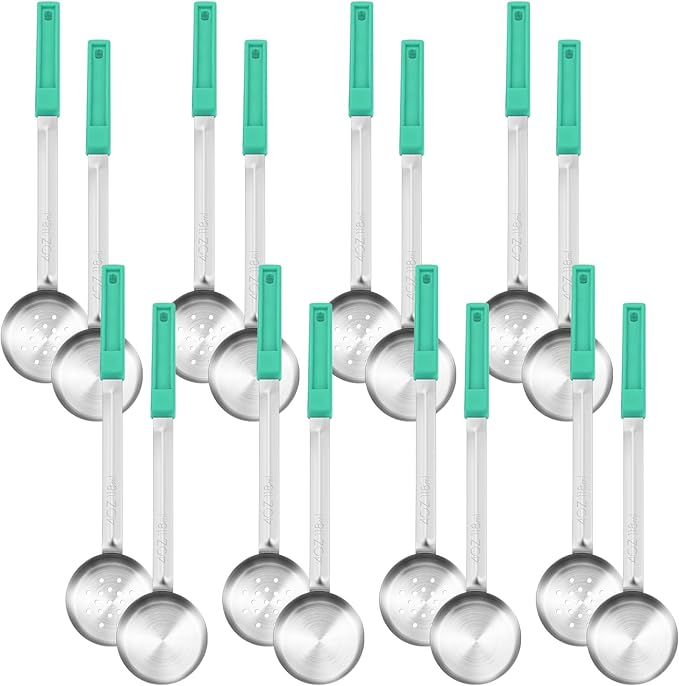 16 Pcs Portion Control Serving Spoons, Restaurant Measuring Serving Ladle Utensils, Portion Control Slotted Scoops for Weight Loss, Solid and Perforated Scoops(Green,4 oz)-HomvellaHome