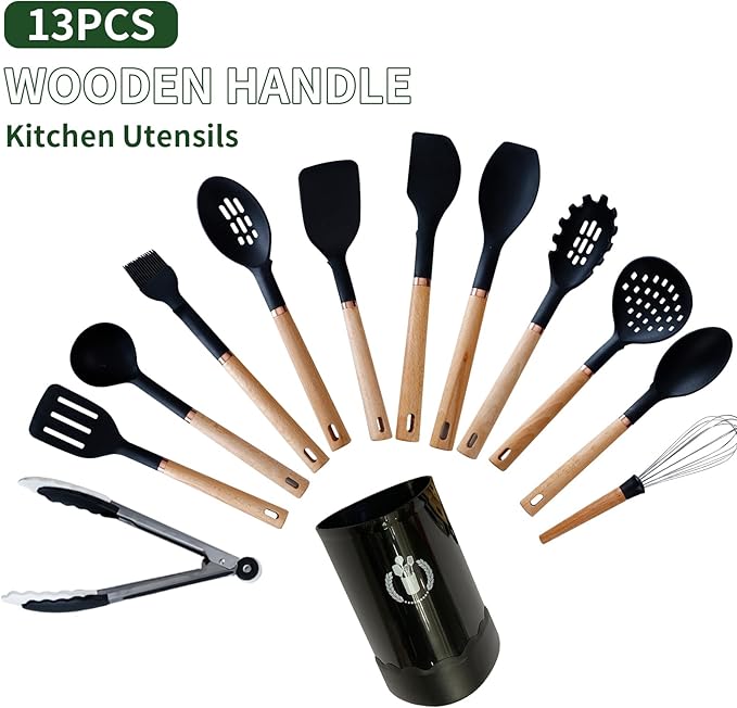 13-Piece silicone utensil set wood handle nonstick cookware safe dishwasher safe kitchen tools BPA free heat resistant (450°F/230°C) ceramic pan safe cooking gifts housewarming (Black)-HomvellaHome