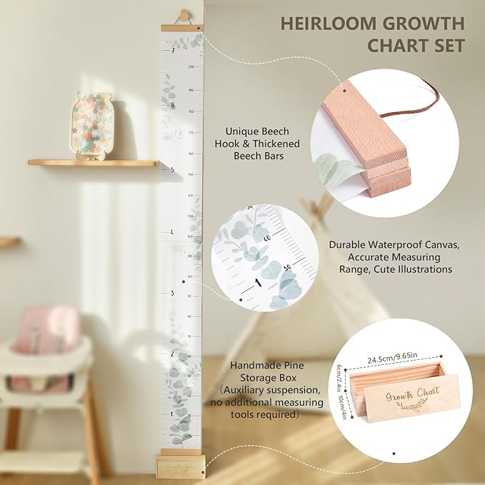 Growth Chart for Wall 7 Ft Height Chart with Keepsake Box & Hook Waterproof Canvas Measure Wall Ruler Removable Neutral Nursery Wall Decor for Baby Kids Toddlers-HomvellaHome