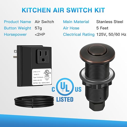 Garbage Disposal Air Switch Kit, UL Certified Professional Garbage Disposal Switch Button Power Module, Sink Top Waste Disposer On/Off Switch-HomvellaHome