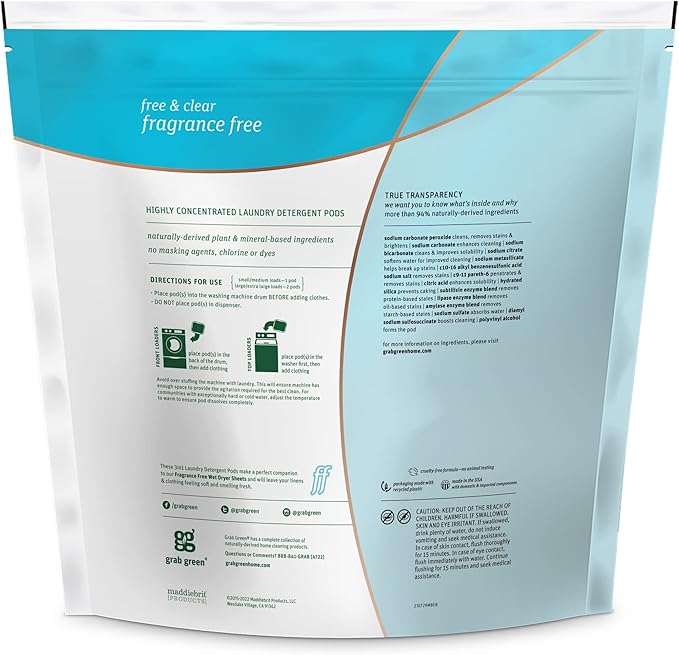 Grab Green 3-in-1 Laundry Detergent Pods, 132 Count, Fragrance Free, Plant and Mineral Based, Superior Cleaning Power, Stain Remover, Brightens Clothes-HomvellaHome