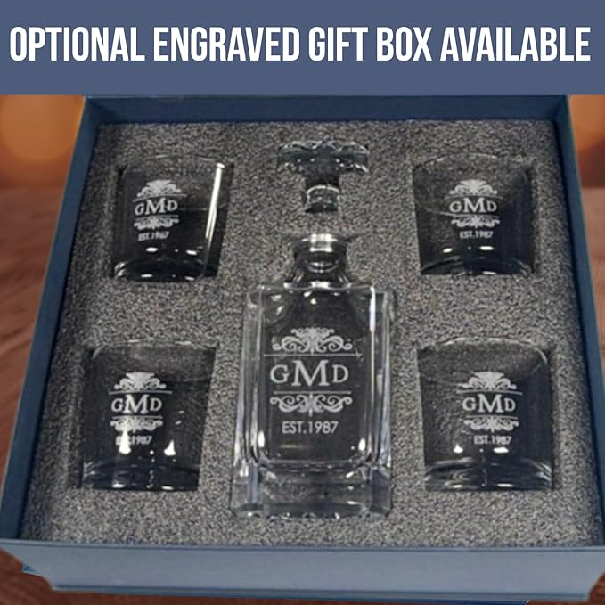 Gifts Inscribed Personalized Whiskey Decanter Set - Engraved Whiskey Decanter Bottle & Set of 4 Custom Drinking Glasses Laser Etched - Customized Whisky Gift for Wedding, Birthday, Fathers Day-HomvellaHome