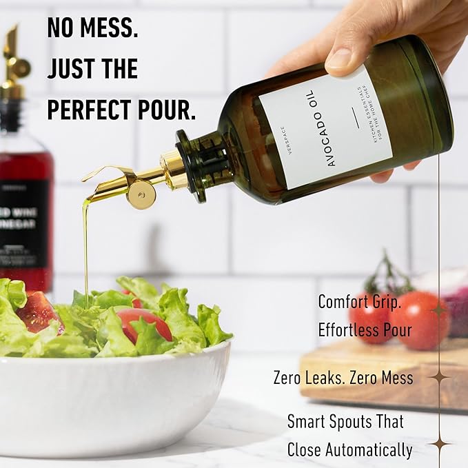 Green Glass Olive Oil Dispenser Bottle For Kitchen By Verpsace,Avocado Oil Dispenser Set, Modern Decor, Gold Kitchen Accessories for Home, Airbnb, Cafe (Gold, Set of 2)-HomvellaHome