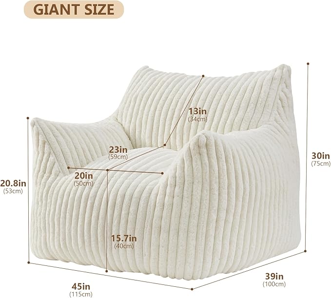 Giant Bean Bag Chairs for Adults Teens, Large Bean Bag Sofa Chairs with Filling Comfy Fuzzy BeanBag Chair with Armrests for Bedroom Living Room Reading-HomvellaHome