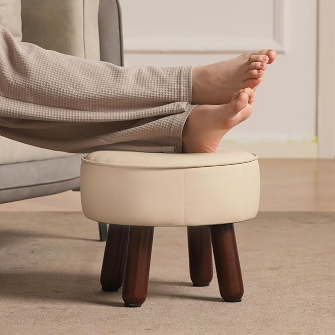 13in Small Foot Stool Ottoman, Round Faux Leather Foot Rest for Couch, Under Desk Pouf Footstool Footrest with Non-Skid Rubber Legs for Ling Room, Bedroom, 13''L x 13''W x 10.2''H, Beige-HomvellaHome