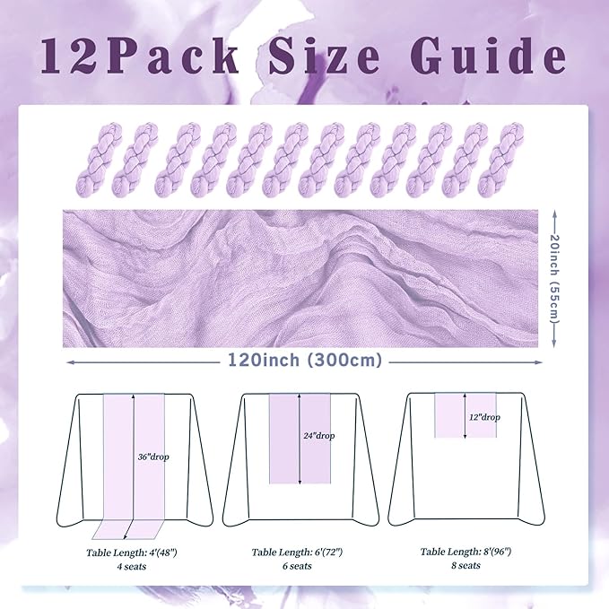 12 Pack Lilac Cheesecloth Table Runner 10FT Rustic Gauze Cheese Cloth Table Runner for Wedding 20 x 120 Inch Long Bridal Baby Shower Table Decor Boho Fabric Sheer Birthday Party Table Decorations-HomvellaHome