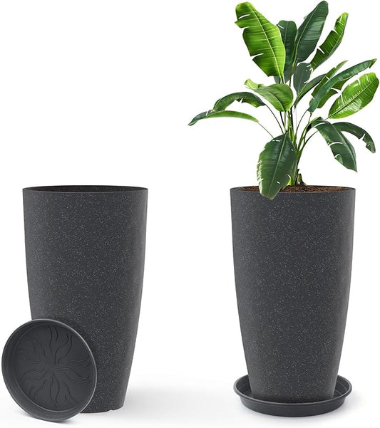 GameXcel Tall Flower Pot Indoor - Outdoor Plant Pot - Black Glossy Planter - Elegant Stone Imitation - 12" Diameter 21" Tall with Drainage Holes and Saucer 2Pack-HomvellaHome