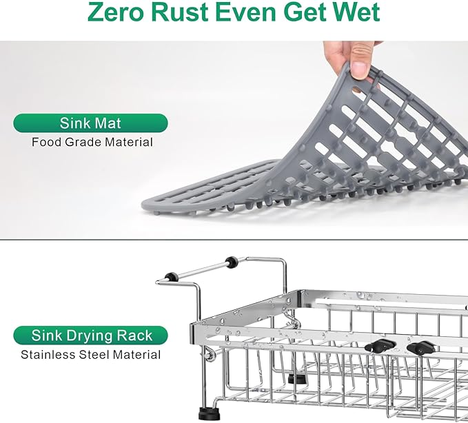 GSlife Expandable Dish Drying Rack - Stainless Steel Capacity Adjustable Over The Sink Rack (10.8''-17.9'') with Sink Mat, Dish Drainer for Kitchen Sink Counter with Utensil Holder, Silver-HomvellaHome